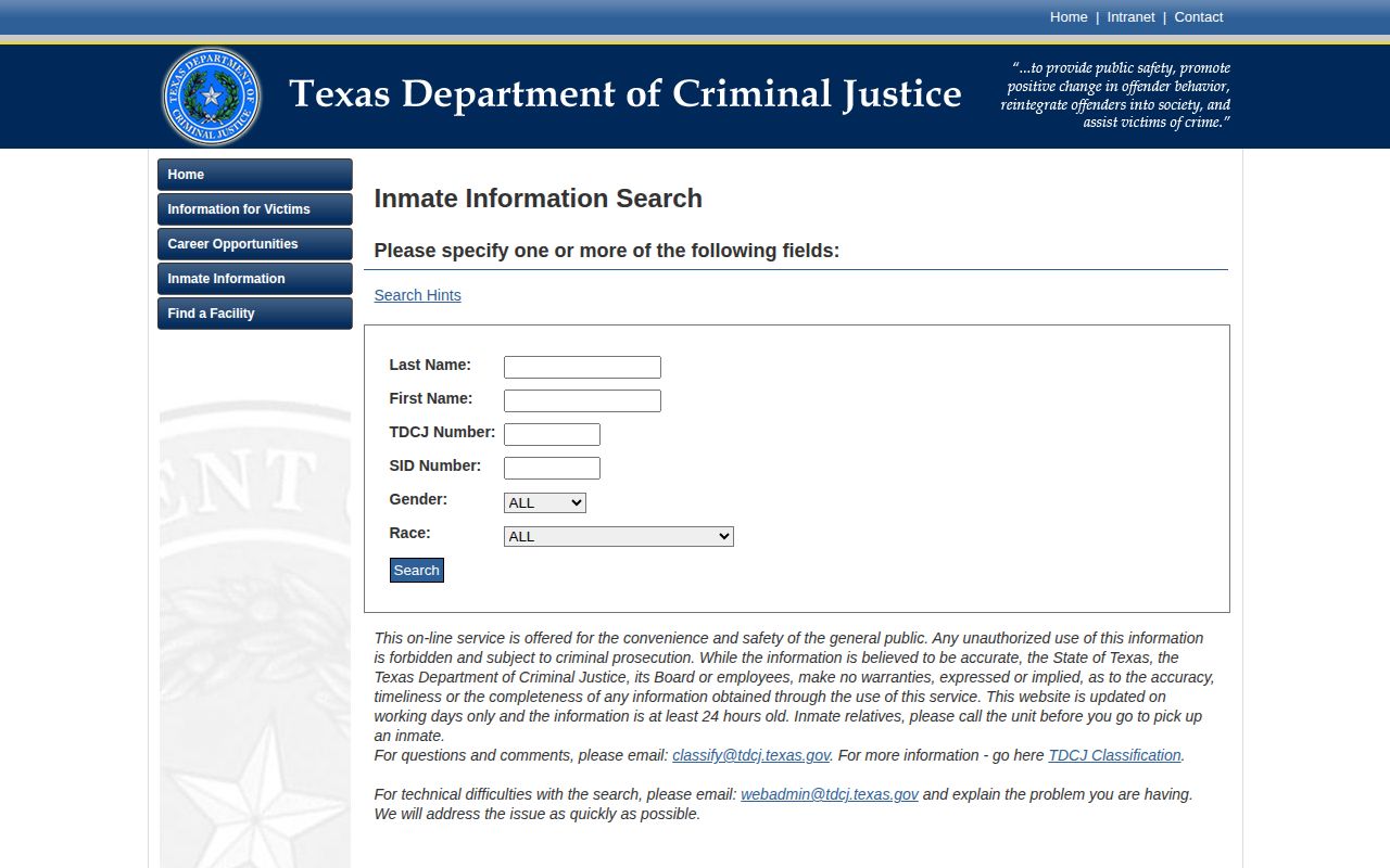 Texas Department of Criminal Justice Hale County state custody record search